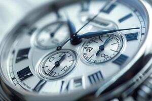 Close-up of a luxurious silver watch with intricate details and blue accents. photo
