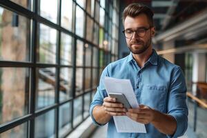 Handsome young Caucasian man in glasses using a smartphone while holding documents, standing by large windows. photo