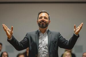 A middle-aged Hispanic man in a suit passionately addresses an audience with outstretched arms, demonstrating confidence and engagement. photo
