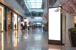 Bright and spacious shopping mall interior with empty advertisement board amidst blossoming cherry trees. photo