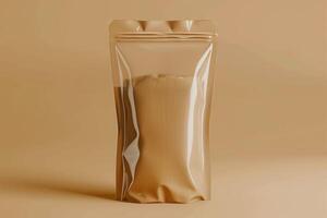 A sleek, transparent pouch filled with a brown substance against a warm, neutral background. photo