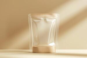Clear stand-up pouch with a kraft paper bottom, elegantly displayed against a soft beige backdrop. photo