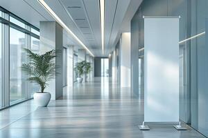 A bright, modern hallway with large windows, featuring a blank advertising stand and lush greenery. photo