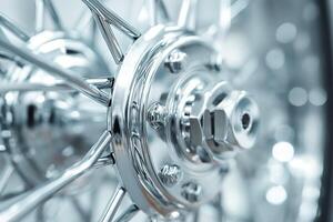 Close-up of a gleaming chrome wheel hub showcasing intricate, shiny spokes and a metallic finish. photo