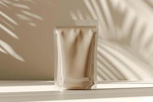 A minimalist, resealable pouch bag in a neutral tone, set against a soft, shadowed background. photo