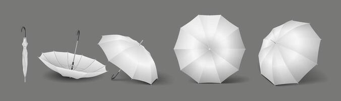 White umbrella-canes mockup realistic color icons set. Protection from weather conditions accessories 3d objects bundle on dark grey vector