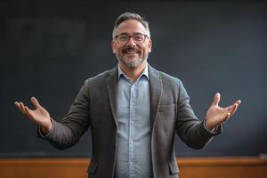A smiling middle-aged Hispanic man in glasses, standing confidently with outstretched arms, exuding warmth and approachability. photo