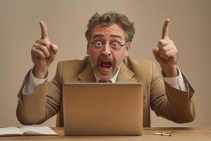 A middle-aged Caucasian man expresses excitement and frustration while working at his laptop, showcasing passion and intensity. photo