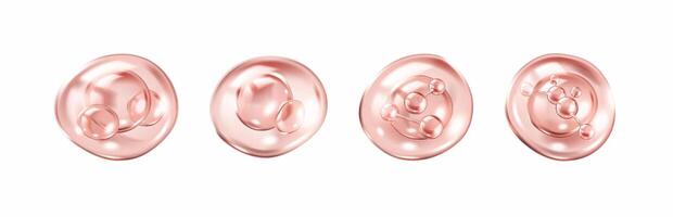 Collagen molecules within pink bubbles realistic color icons set. Professional skincare treatment 3d objects bundle on white background vector