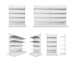Realistic 3D mockup of a full supermarket shelf with a side view to showcase retail products and displays. vector