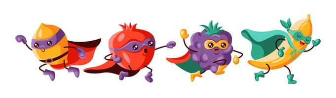 A team of superhero fruits including a lemon, pomegranate, grapes, and banana in masks and capes, running forward. A dynamic and playful illustration representing teamwork and energy. vector