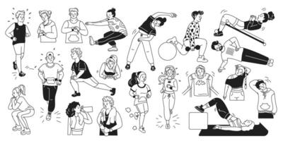 Doodle characters performing fitness exercises linear icons collection. Active healthy lifestyle doodle characters set on white background vector