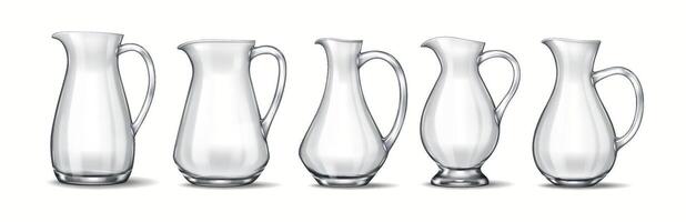 A set of five distinct glass jugs with varying shapes and handle designs, created in a 3D realistic style. Ideal for branding, commercial, and decorative visual presentations. vector