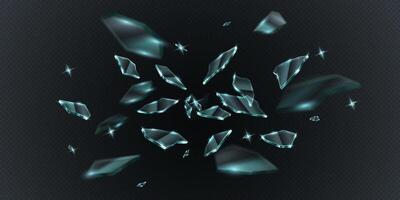 Realistic 3D illustration of floating broken glass fragments with sharp reflections. Perfect for abstract backgrounds, destruction concepts, and dynamic visuals. vector