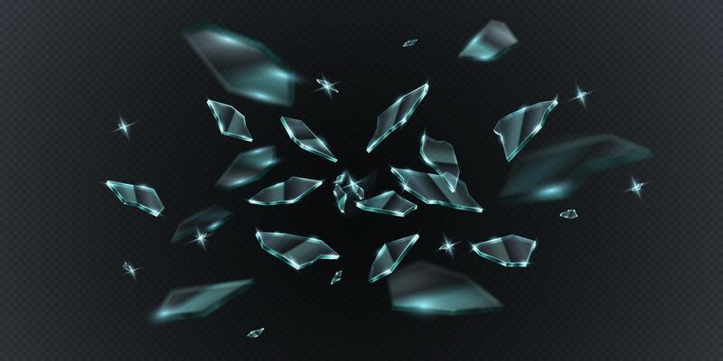 Realistic 3D illustration of floating broken glass fragments with sharp reflections. Perfect for abstract backgrounds, destruction concepts, and dynamic visuals.