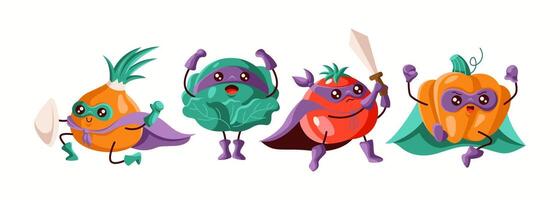 A heroic team of superhero vegetables featuring onion, cabbage, tomato, and pumpkin, all in capes and masks. A vibrant illustration ideal for kids content and healthy food branding. vector