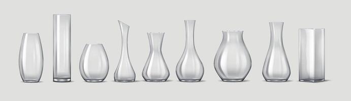Realistic 3D illustration of a collection of various glass vases in unique shapes and sizes. Suitable for home decor, floral arrangements, and interior styling. vector