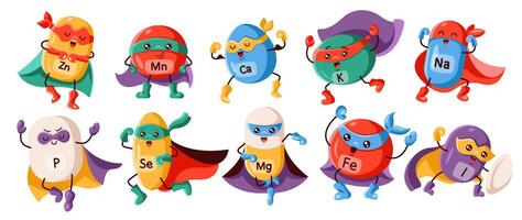 Illustration of various trace elements and vitamins depicted as superheroes with capes and masks, representing their essential health benefits. vector