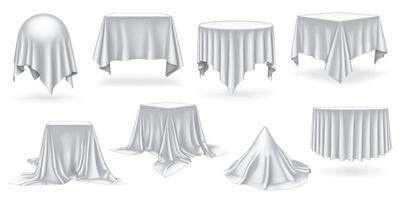 White satin drapes over tables realistic color icons set. Hinting at hidden objects and sense of anticipation 3d design bundle vector