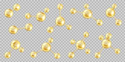 Multiple golden collagen molecules realistic color icons set. Complex network of structural integrity 3d objects bundle on background vector