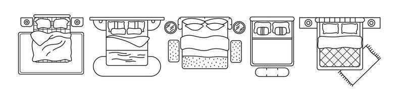 illustration showcasing different bed designs in top view. A great resource for architects, interior designers, and bedroom layout planning. vector