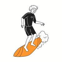 A man skillfully balancing on a surfboard while riding a powerful ocean wave, depicted in a playful and dynamic doodle-style illustration. vector