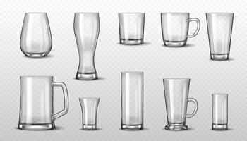 Realistic 3D illustration of a set of various glass cups and mugs in different shapes and sizes. Perfect for beverage-related design, advertising, and product mockups. vector