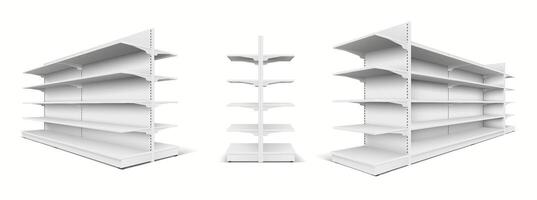 3D realistic supermarket shelf mockup with five shelves and empty space, perfect for visualizing product arrangement. vector