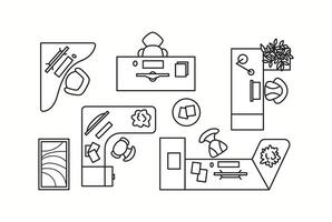 illustration of different office desks with workspace elements, seen from a top-down view. Ideal for corporate interior planning and home office setups. vector