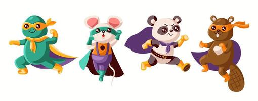 Illustration of four cute cartoon animals dressed as superheroes wearing colorful capes and masks displaying dynamic and playful expressions against white background vector