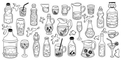 Monochrome illustration of different bottles, pitchers, and glasses filled with water, designed as an educational or coloring sheet for hydration awareness. vector