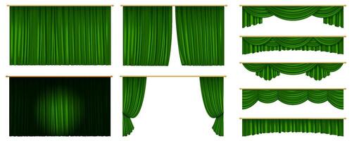 3D realistic illustration featuring a collection of colorful velvet theater curtains in red, blue, green, and pink for luxurious stage settings and events. vector