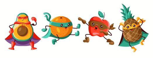 Four superhero fruits avocado, orange, apple, and pineapple in colorful masks and capes, ready for action. A fun and energetic illustration ideal for kids and healthy lifestyle themes. vector