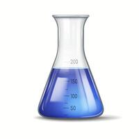 A detailed illustration of a laboratory flask filled with blue liquid showing measurement markings. The flask is isolated on a white background, depicting a scientific theme. vector