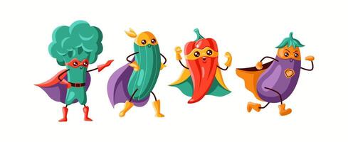 A group of vegetable superheroes including broccoli, cucumber, bell pepper, and eggplant, each in colorful masks and capes. A fun and dynamic illustration symbolizing strength and health. vector