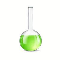 Illustration of a round-bottom glass flask filled with vibrant green liquid against a plain white background used in scientific experiments. vector