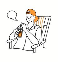 A young man enjoying a refreshing drink while sitting on a lounge chair, feeling relaxed and carefree, drawn in a stylish doodle-style illustration. vector