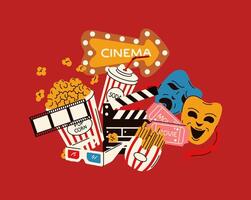 Illustration of a classic directors chair, megaphone, film tickets, and red carpet setup, representing filmmaking and directing, drawn in a stylish style. vector