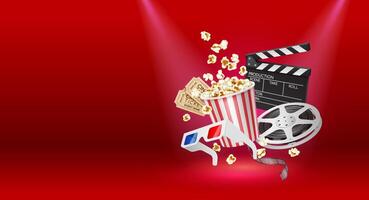 Copy space banner. Realistic 3D illustration featuring a set of movie-themed objects such as popcorn, clapperboard, film reel, and 3D glasses on a red stage-like background. vector