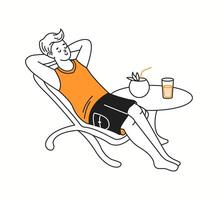 A man leaning back comfortably on a beach chair, enjoying the peaceful atmosphere and summer vibes, illustrated in a minimal doodle-style drawing. vector