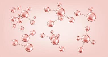 Collagen molecules with glossy effect realistic color icons set. Scientific elegant composition for beauty 3d objects bundle on pink vector