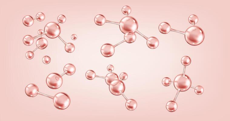 Collagen molecules with glossy effect realistic color icons set. Scientific elegant composition for beauty 3d objects bundle on pink