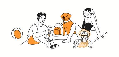 A family enjoying a picnic at the beach with their dog, relaxing under the sun, sharing ice cream, and spending quality time together in a doodle-style illustration. vector