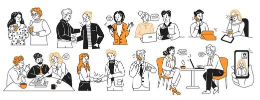 Businesspeople activities color linear icons collection. Engaging in corporate workflow professionals doodle characters on white background vector