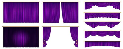 Realistic 3D illustration of deep purple royal theater curtains, adding a dramatic and luxurious touch to stage performances and entertainment venues. vector