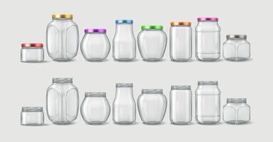 Realistic 3D illustration of various glass jars, some with lids and some without. Suitable for packaging, storage, and kitchen use. vector