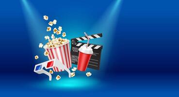 Copy space banner. 3D realistic illustration of cinema objects, including popcorn, soda cup, 3D glasses, and a clapperboard, floating in a spotlight-lit blue environment. vector