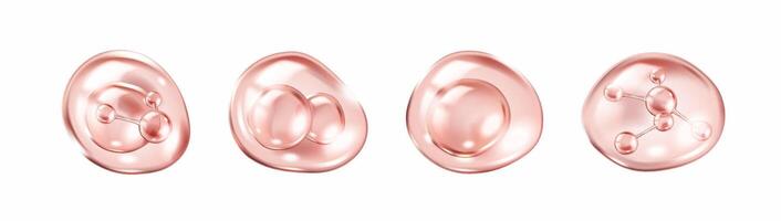 Pink collagen molecules inside bubbles realistic color icons set. Skincare and beauty advertising 3d objects bundle on white vector