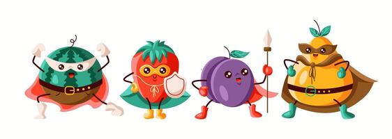 A group of superhero fruits including watermelon, strawberry, plum, and pear, striking heroic poses. A playful and colorful illustration perfect for kids and healthy food themes. vector
