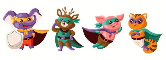 Illustration of four cartoon animals as superheroes wearing capes and masks. An elephant, a deer, a pig, and a cat display heroic poses with unique costumes and colors. vector